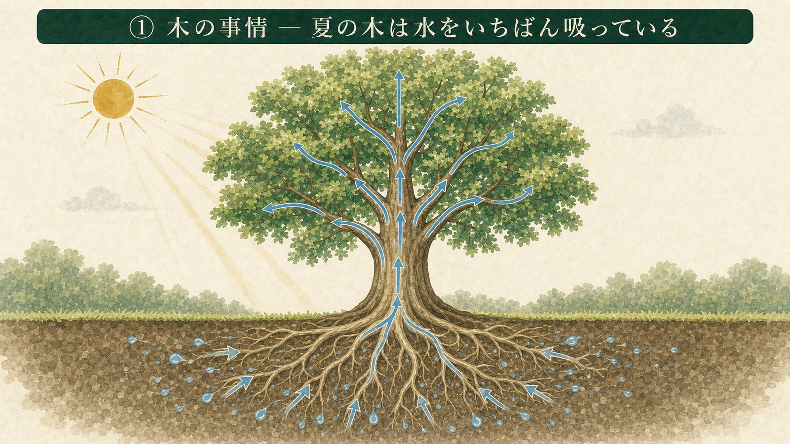 夏の木は水を大量に吸い上げているイラスト