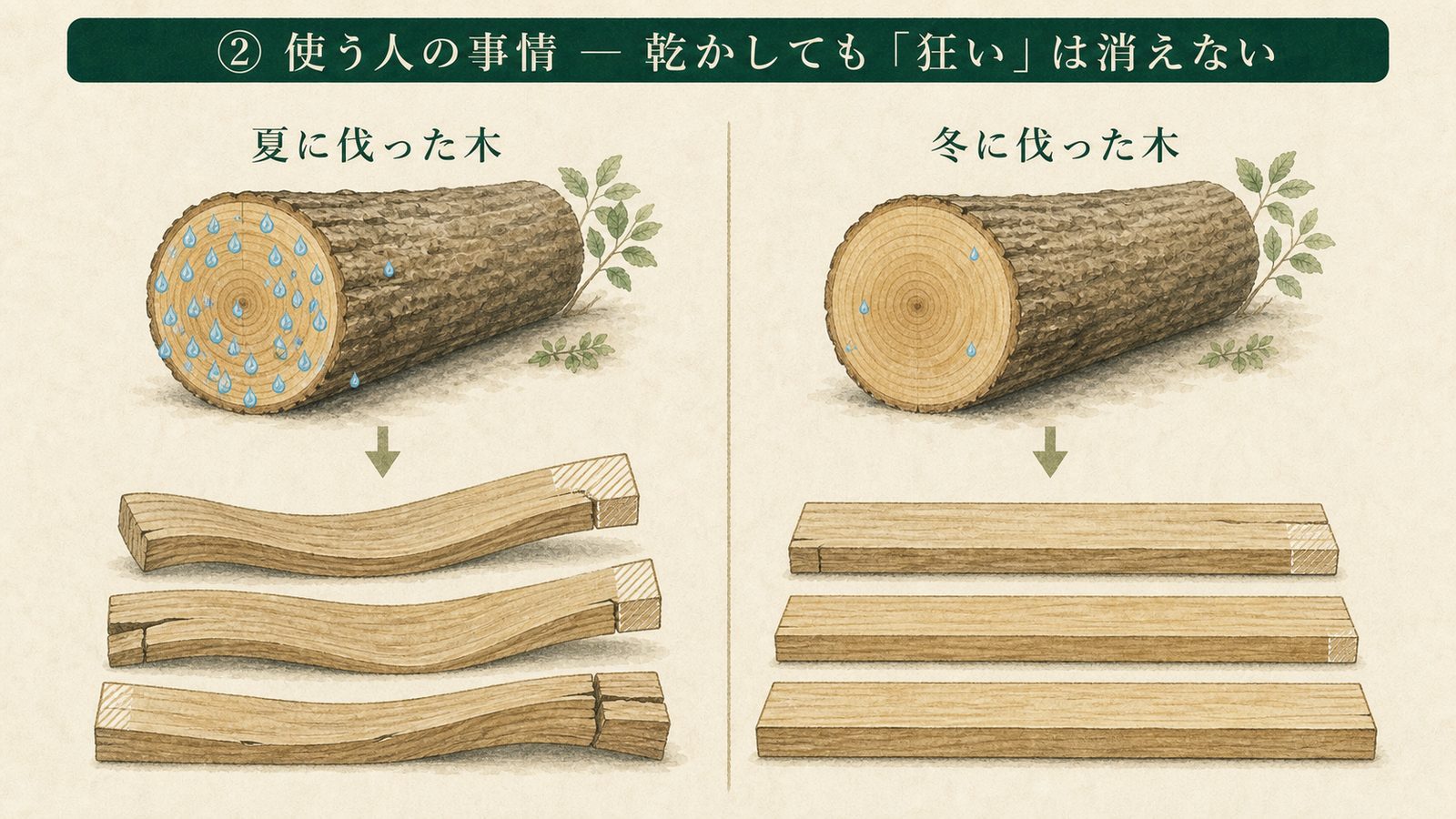 乾燥による木の反り・ねじれ・割れを説明したイラスト