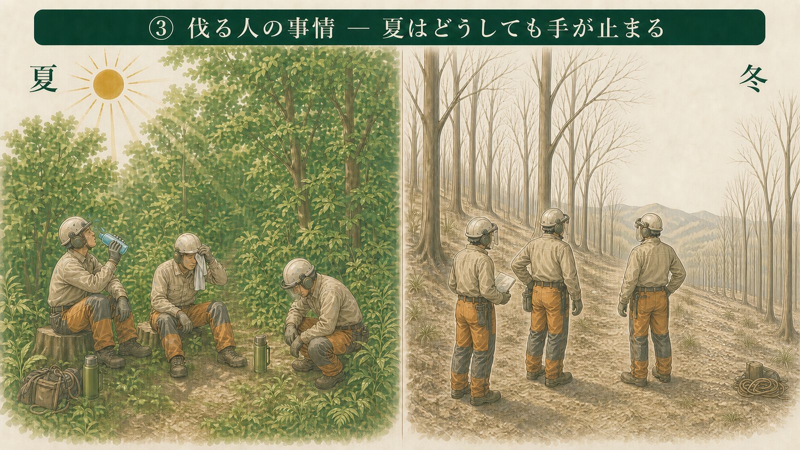 夏と冬の山仕事の違いを比べたイラスト