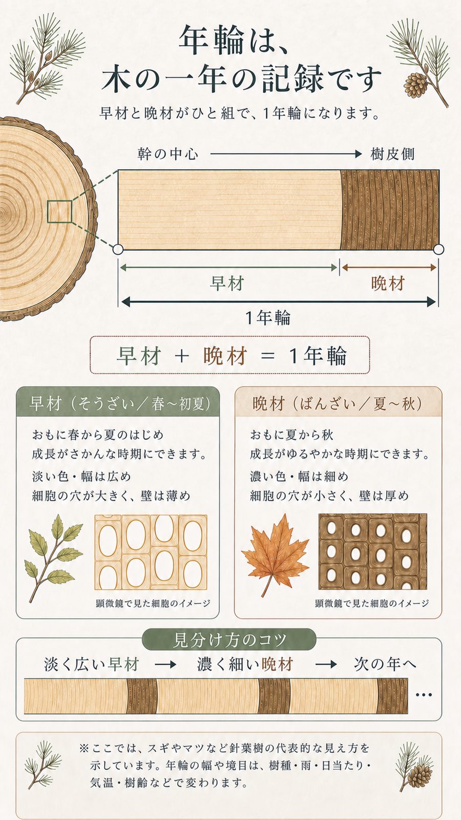早材と晩材の違いと、一年分の年輪ができる仕組み