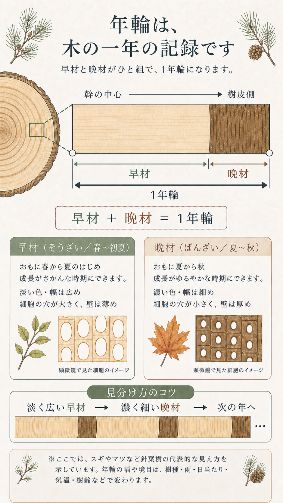 早材と晩材の違いと、一年分の年輪ができる仕組み
