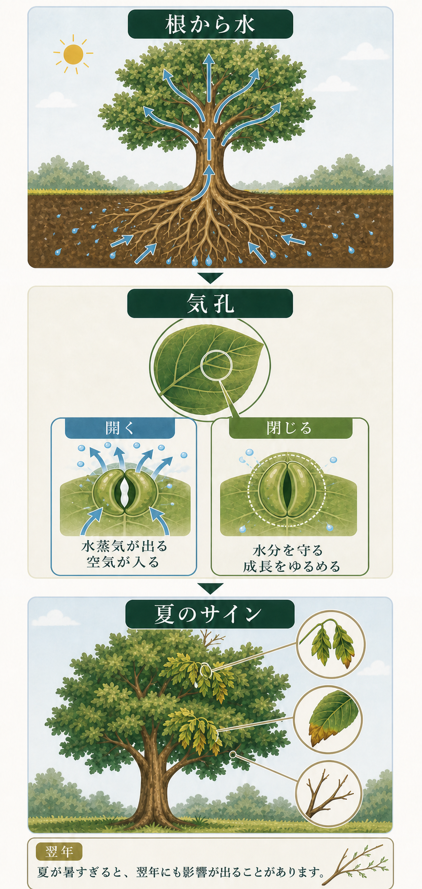 根から水を吸い、気孔を閉じると成長をゆるめる木の仕組みと、夏に見たいサイン